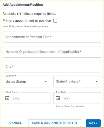 SciENcv Appointments and Positions editor including the Primary appointment or position checkbox