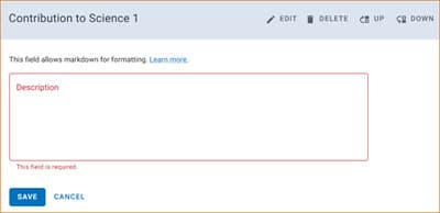 SciENcv Contribution to Science editor showing the required description field and Save button