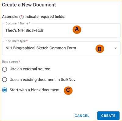Create a New Document dialog with NIH Biographical Sketch Common Form selected and a blank document data source
