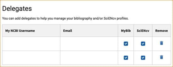 My NCBI Delegates panel showing separate My Bibliography and SciENcv access columns