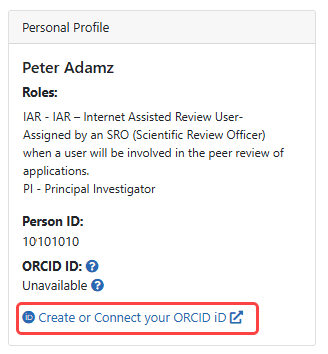 eRA Commons Personal Profile with Create or Connect Your ORCID iD highlighted