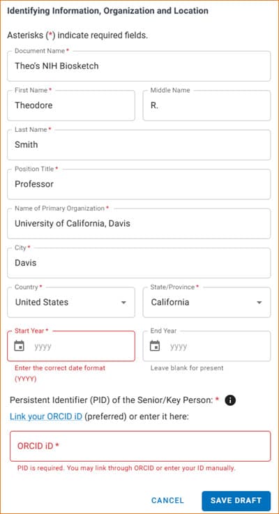 SciENcv identifying-information editor showing name, organization, appointment dates, required fields, and the ORCID PID field