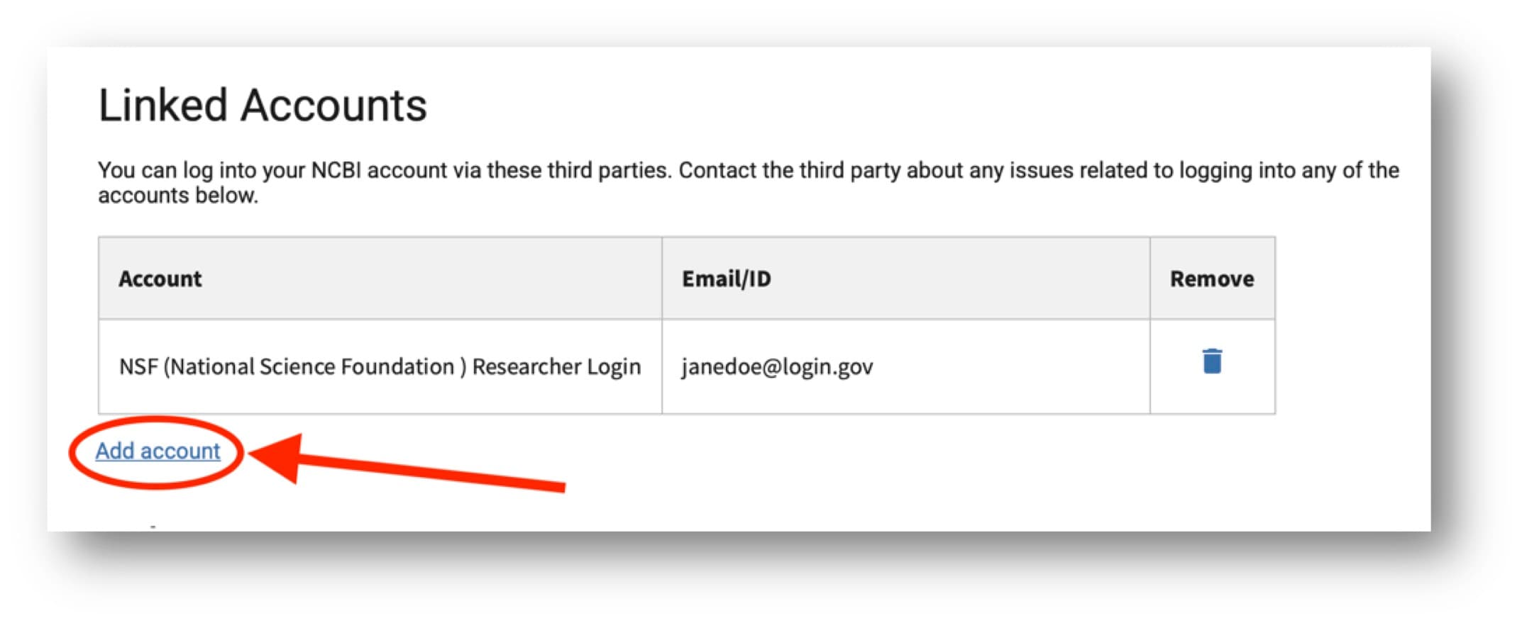My NCBI Linked Accounts panel showing an existing sign-in and the Add account control highlighted