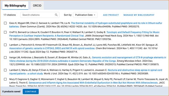 SciENcv product picker with My Bibliography and ORCID tabs, citation checkboxes, Add Product, and Continue