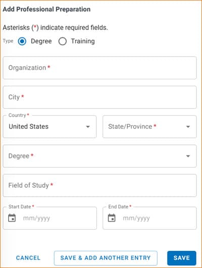 SciENcv Professional Preparation editor with Degree and Training options and institution, date, and field-of-study fields